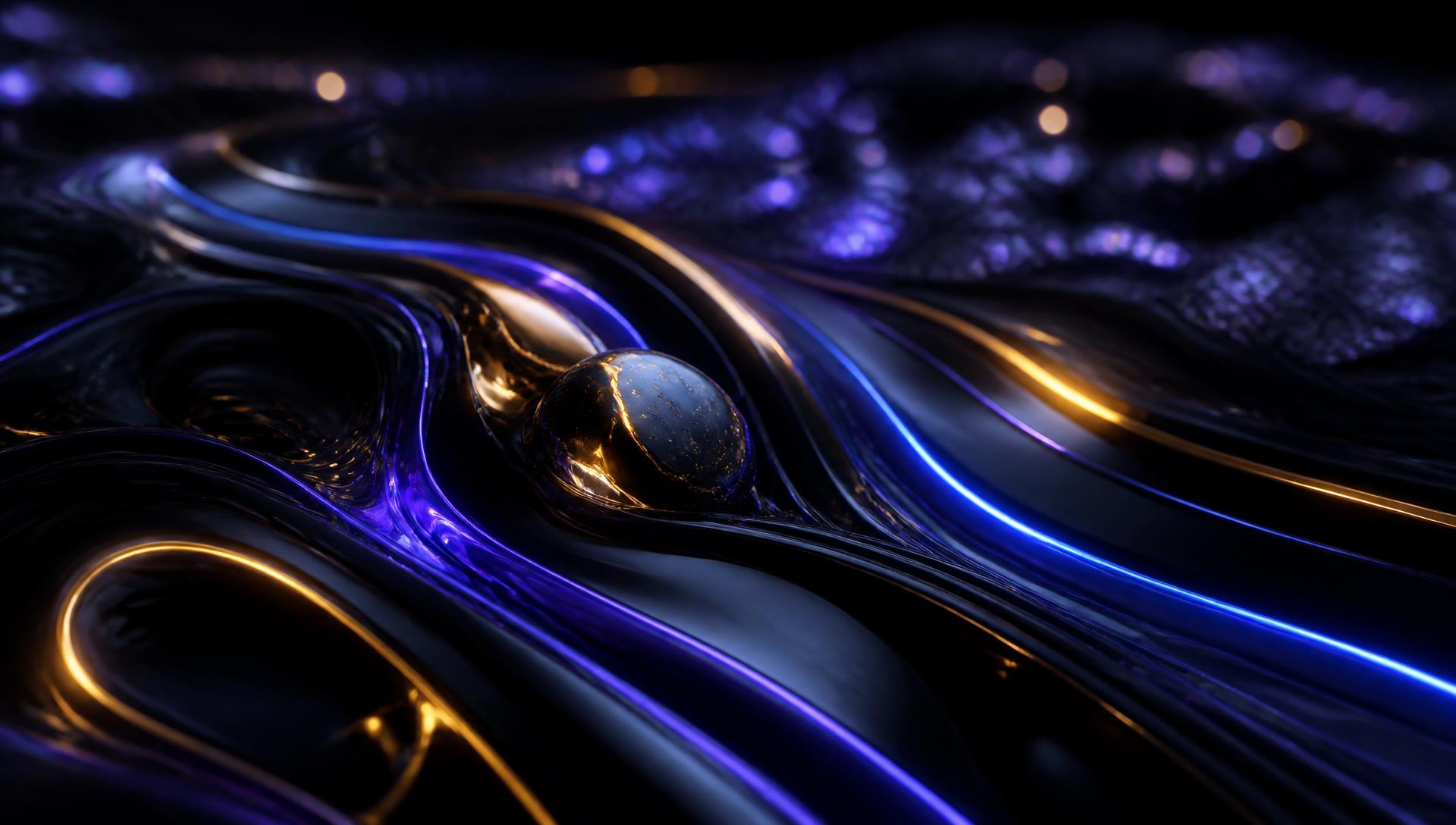 Superficie astratta obsidiana con riflessi luminosi blu, viola e oro
