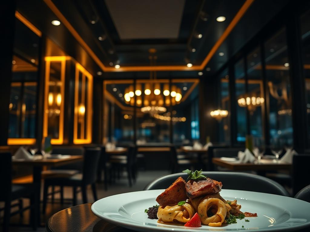 Sala di un ristorante elegante illuminata con luci calde e un piatto gourmet